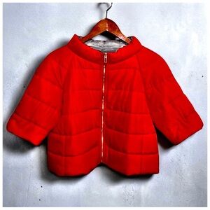 Chico’s Red Quilted Puffer Jacket – Gold Zip – Short Sleeve – Women’s Size 0